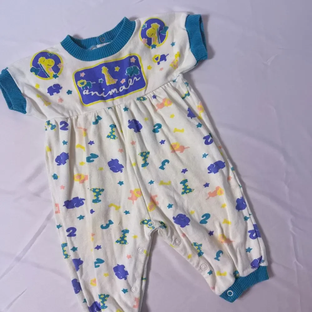 Vintage 80s Oneita's Kids Animals & Numbers 100% Cotton Romper Sz 6 mo